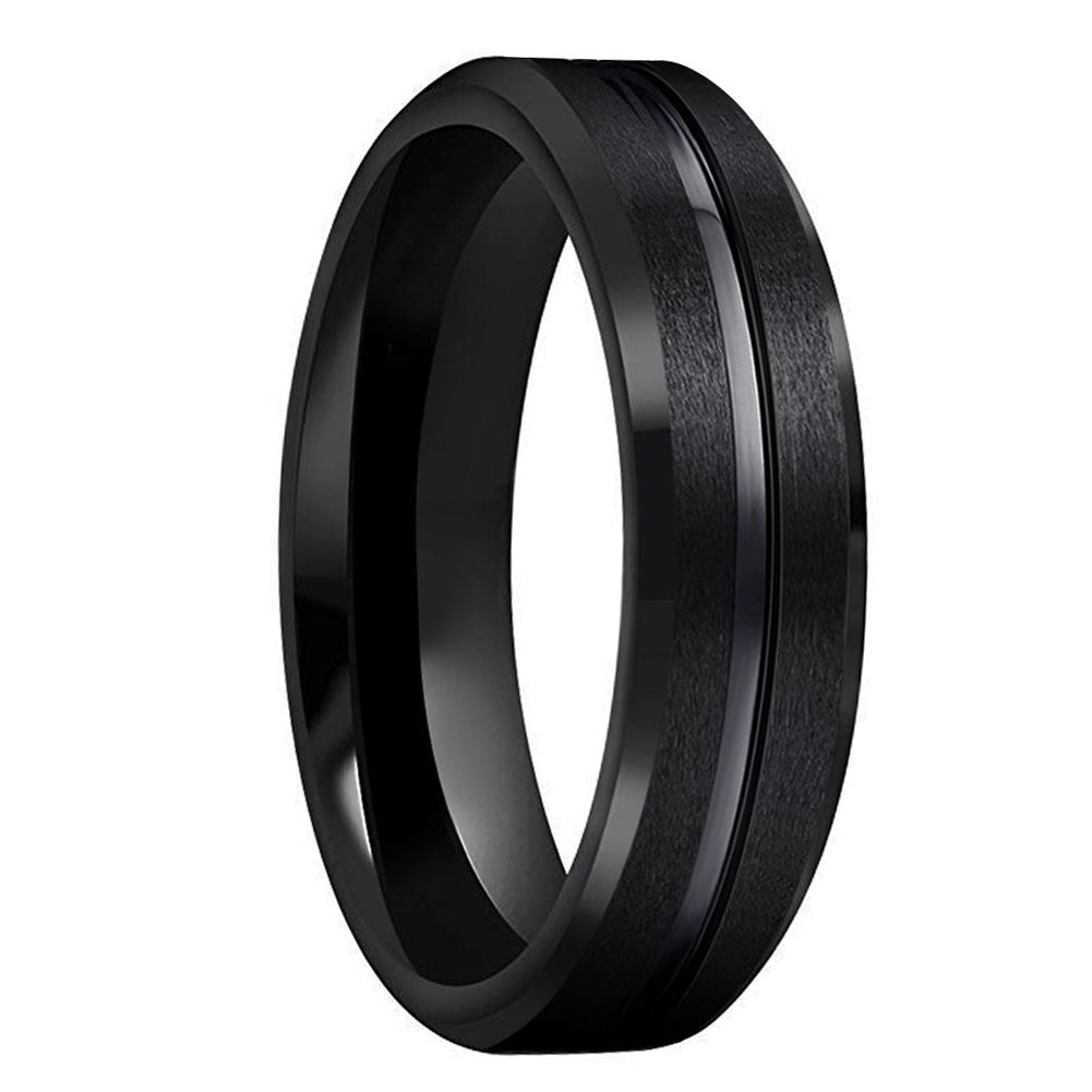 A matte black tungsten carbide ring with grooved bevelled edges.