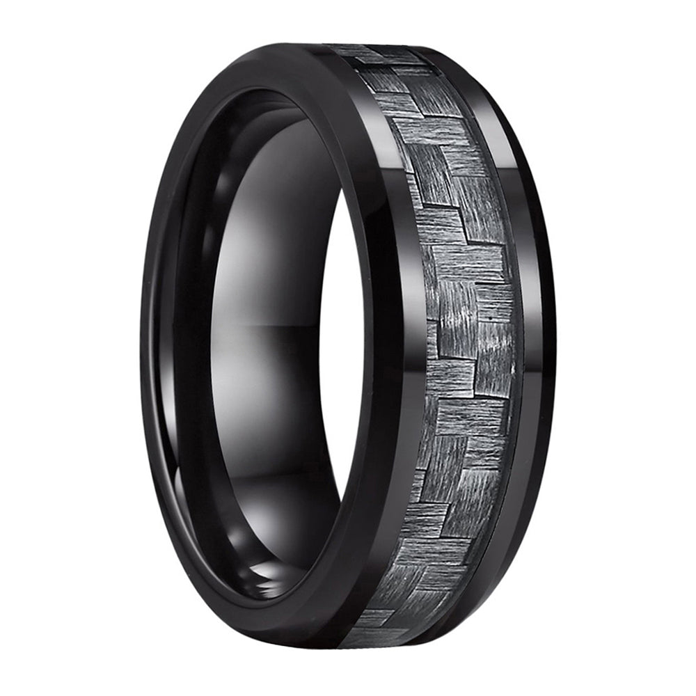 Echo 8mm Black Tungsten Carbide Wedding Ring with Grey Carbon Fiber Inlay