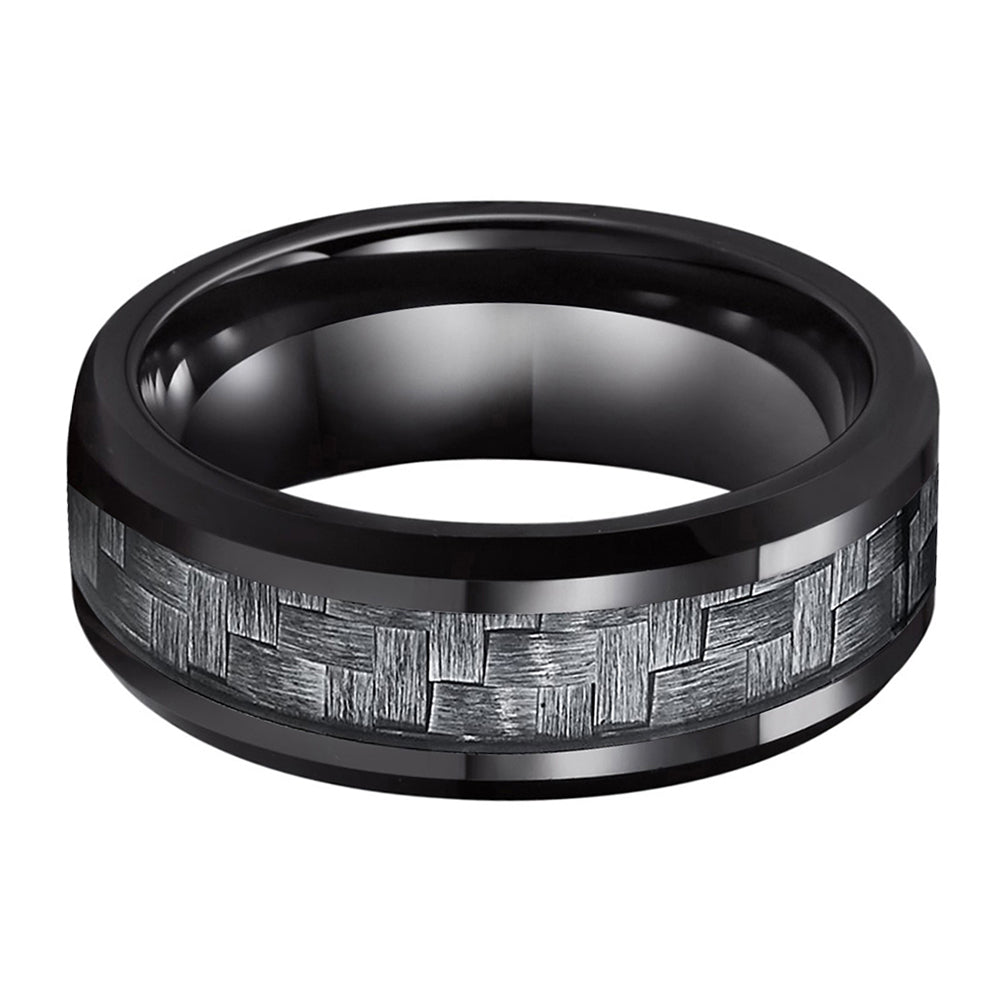Echo 8mm Black Tungsten Carbide Wedding Ring with Grey Carbon Fiber Inlay