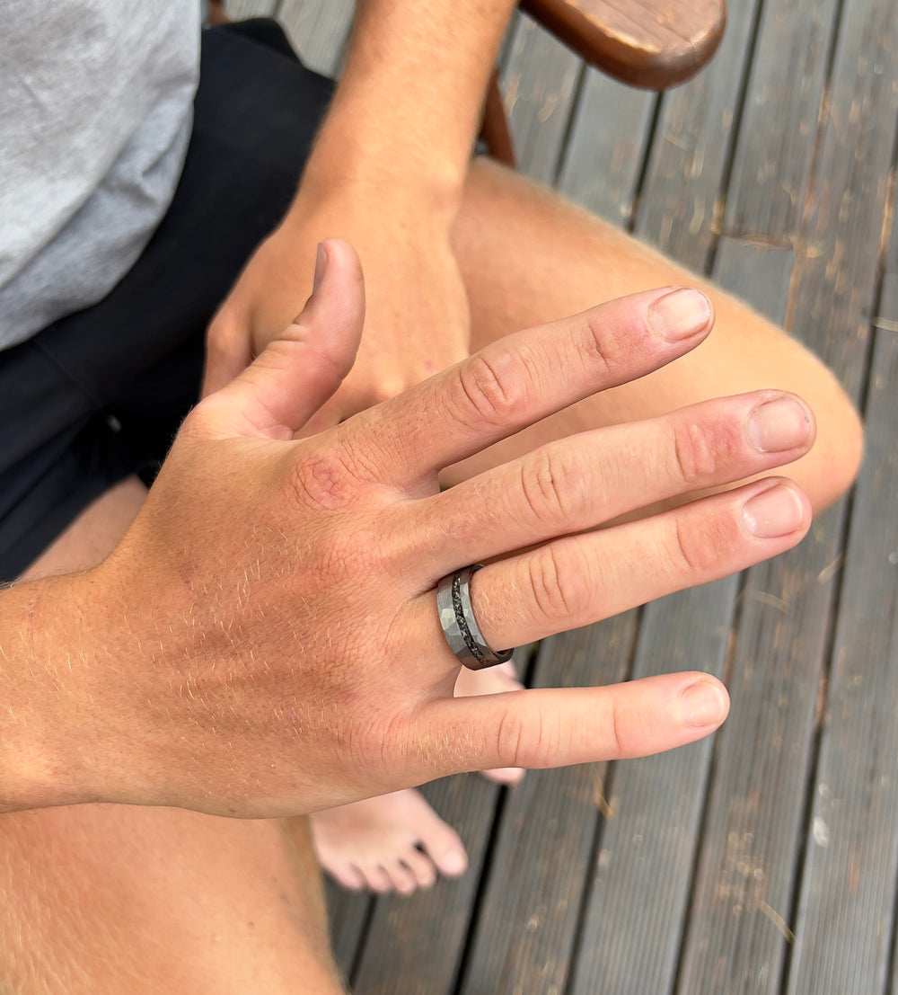 Titanium 8mm Matte Silver Tungsten Carbide Wedding Ring with Titanium Chip Inlay - Zokk