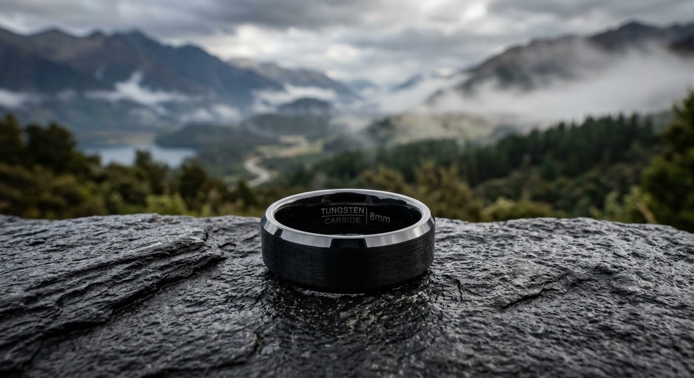 Black ring on stone overlooking mountains and mist