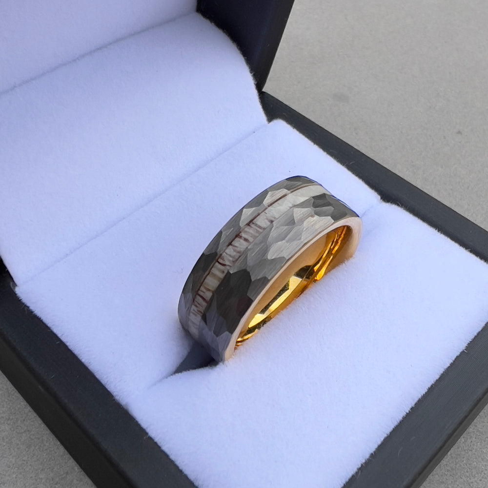 Valor 8mm Gold and Silver Brushed Tungsten Carbide Wedding Ring with Deer Antler Inlay - Zokk