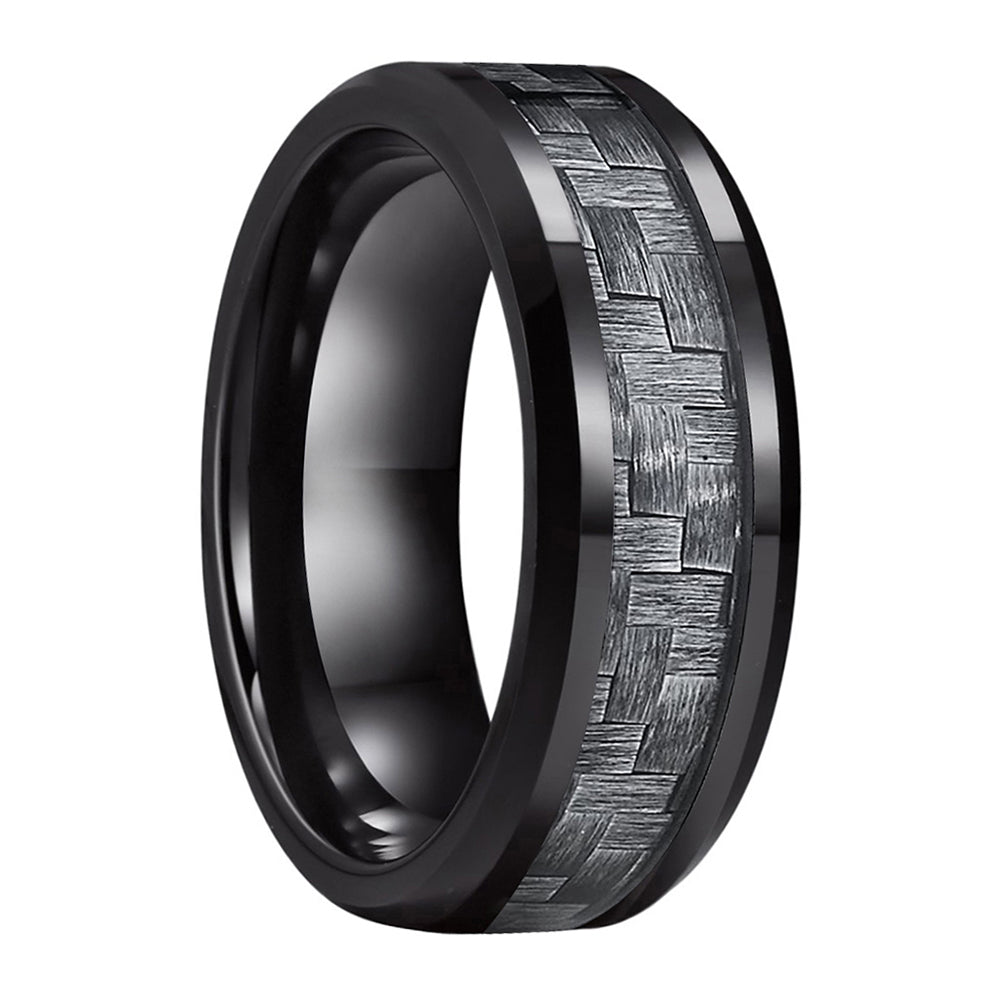 Echo 8mm Black Tungsten Carbide Wedding Ring with Grey Carbon Fiber Inlay