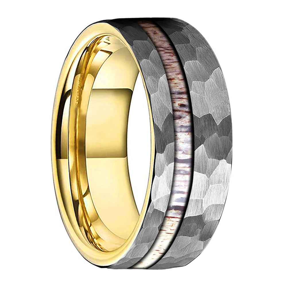 Valor 8mm Gold and Silver Brushed Tungsten Carbide Wedding Ring with Deer Antler Inlay - Zokk