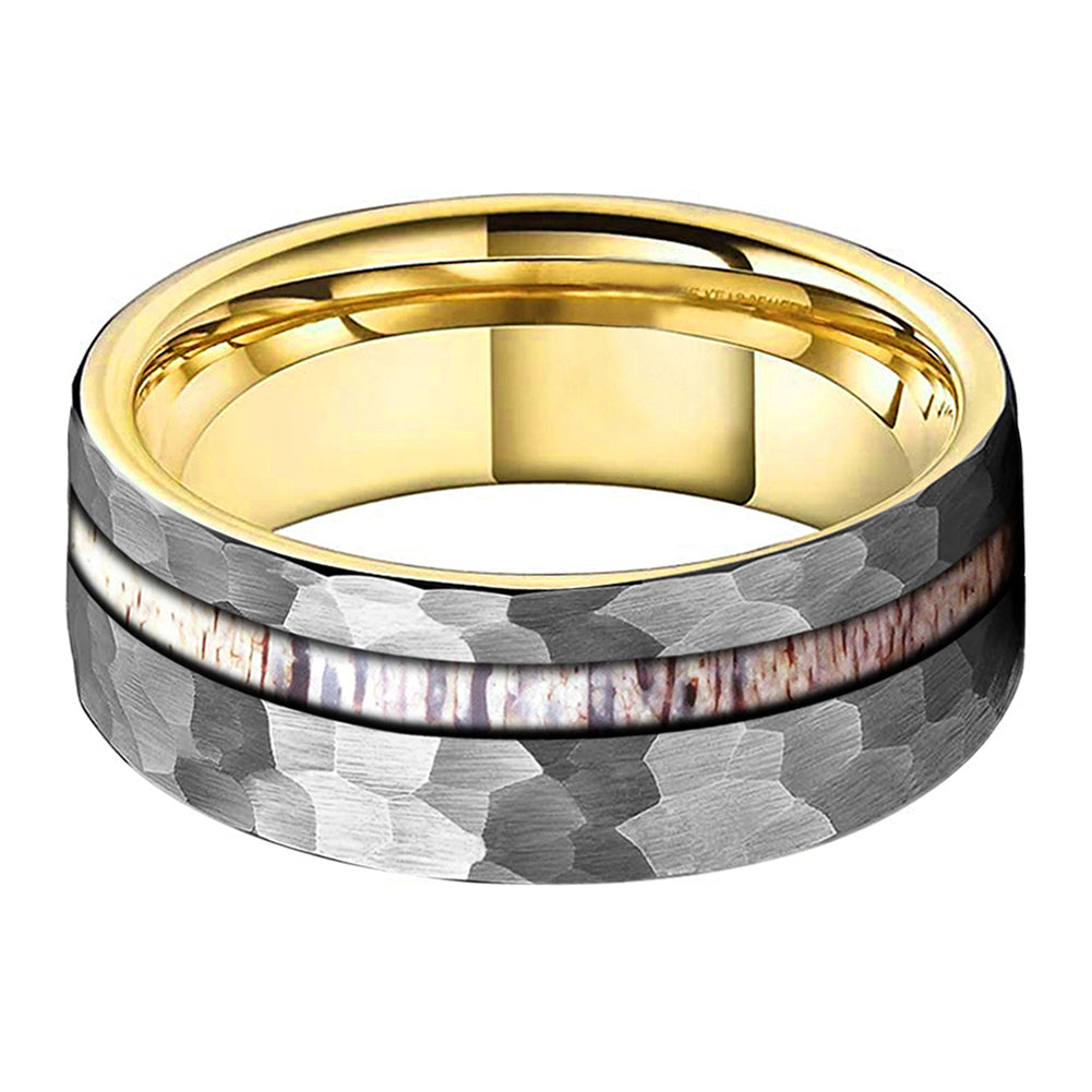 Valor 8mm Gold and Silver Brushed Tungsten Carbide Wedding Ring with Deer Antler Inlay - Zokk