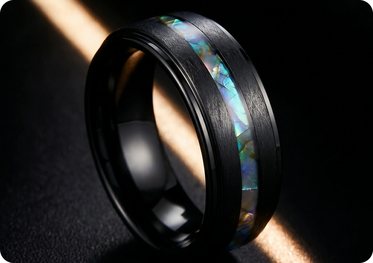 Black ring with opal inlay lit by a warm diagonal highlight