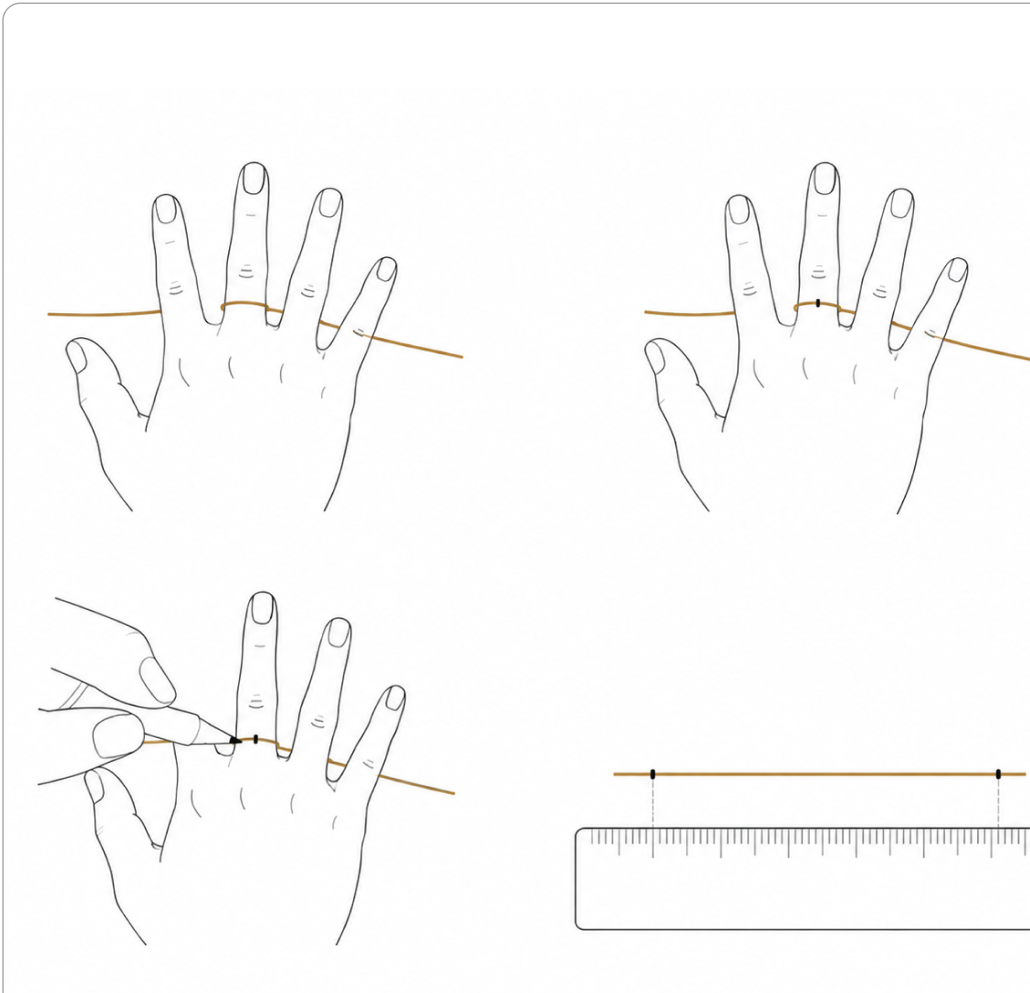 Illustrations showing how to measure a ring size with string and a ruler